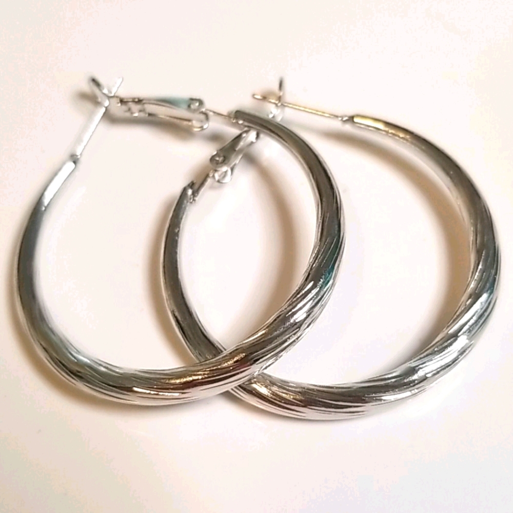 Textured Silver Hoops - Picture 2 of 3